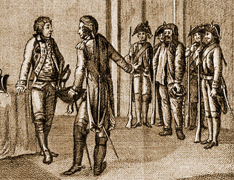 Комендант Яицка полковник Иван Яковлевич Симонов передает Е.И. Пугачева А.В. Суворову 16 сентября 1774 года