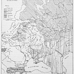 Карта восточной Европы с показанием расселения племен в половине IX века, на которой показана граница владений Российской Империи в XIX веке