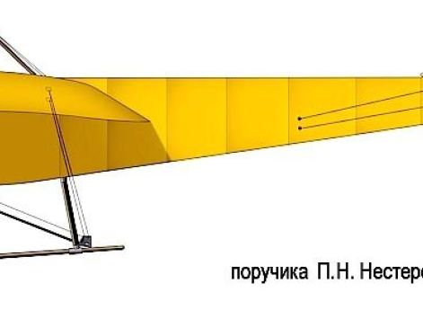 Самолет П. Н. Нестерова над Куреневским аэродромом в Киеве и схема мертвой петли (воспроизведение собственноручного чертежа Нестерова)