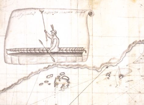 Встреча русских с алеутами. Рисунок Свена Вакселя. 1741 год
