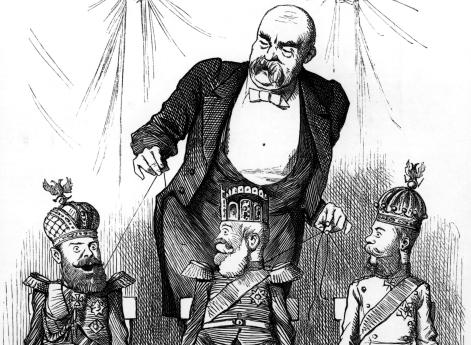Карикатура из журнала "Панч". Бисмарк манипулирует Россией, Австрией и Германией. 1884 год