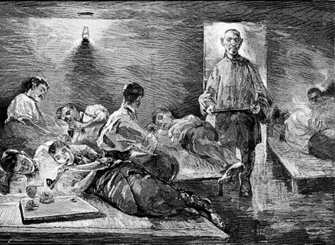 Американские курильщики опиума — интерьер опиумного притона в Нью-Йорке