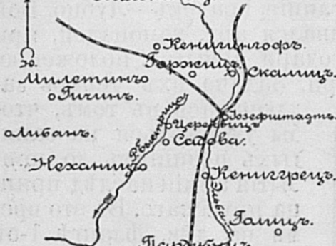 Район сражения 6 августа 1458 года у крепости Кениггрец