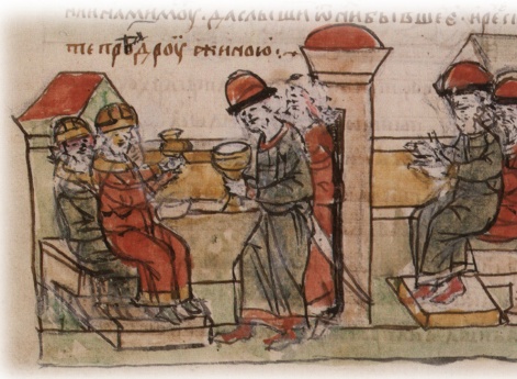 Прием византийскими императорами Василием II и Константином VIII русских посланцев, отправление их с дарами и почестями на Русь; ожидание князем Владимиром Святославичем и боярами посланцев из Царьграда.