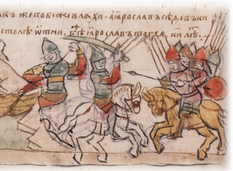 Высадка Ярослава Владимировича с воинами на берег и отталкивание ладей от берега; сражение войск Ярослава с войсками Святополка Владимировича.