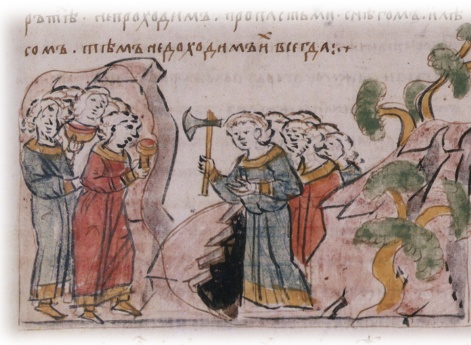 Изображение событий, рассказанных новгородцем Гюрятой Роговичем о людях, заключенных в горе, говорящих на непонятном языке и предлагающих меха в обмен на железо.