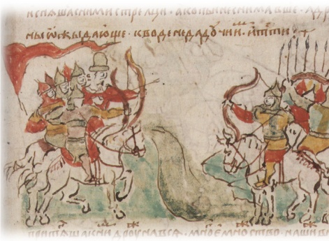 Начало сражения полков Игоря Святославича Новгород-Северского с половецкими войсками на берегах Каялы и оттеснение половецкими лучниками русских воинов от воды.