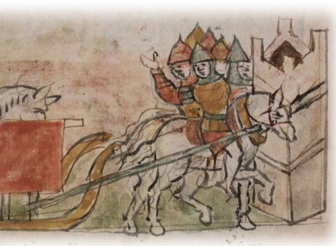 Гибель Ярополка Изяславича Волынского, пронзенного на возу саблей всадником Нерадецем на пути к Звенигороду.