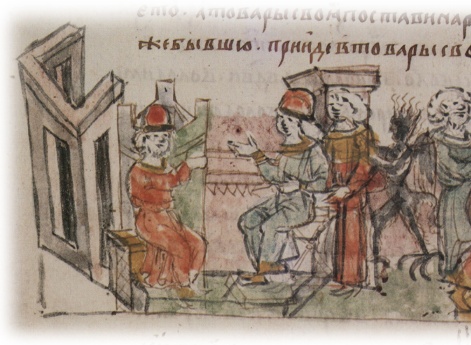 Беседа Давыда Игоревича Волынского и Святополка Изяславича Киевского о "коварстве" Василька Ростиславича Теребовльского; паломничество Василька на поклонение в Михайловский Выдубецкий монастырь.