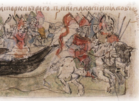 Поход против болгар, завершившийся победой Владимира Святославича, со своим дядей Добрыней на кораблях и на конях.