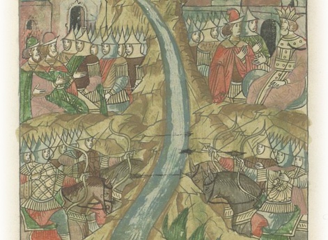 Войско великого князя Ивана Васильевича много дней сражается с татарами и стоит, ожидая, когда река замерзнет.